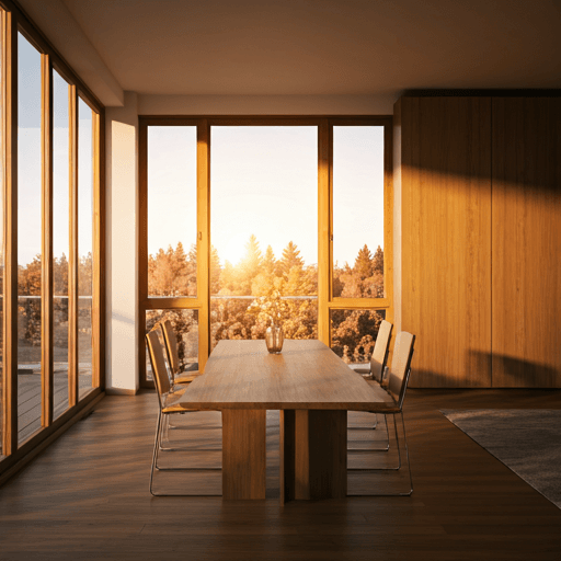 Warm modern home interior with natural wood, large windows, and soft afternoon light in the living room