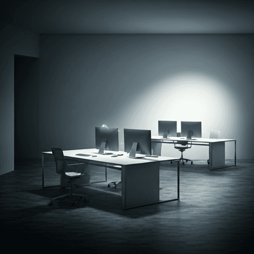 Modern minimalist office interior with glass doors and smart access, soft daylight through large windows